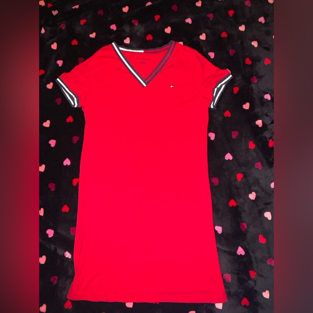 Tommy Hilfiger Red V-Neck Tee Dress with Stripe Trim